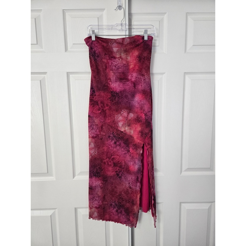 UO Pink Floral Mesh Strapless Midi Dress Side Slit Lettuce Edge Y2K Style M - Picture 1 of 7